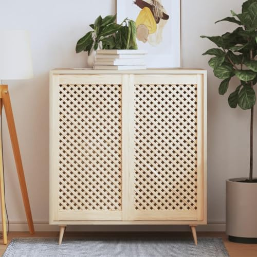 2 puertas de armario con diseño de rejilla de madera de pino maciza, 49,5 x 99 cm, puerta de láminas para armarios y muebles