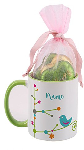 Herz & Heim® Lindt Schokoherzen mit Tasse im Set - Frühling - bedruckt mit Wunschnamen