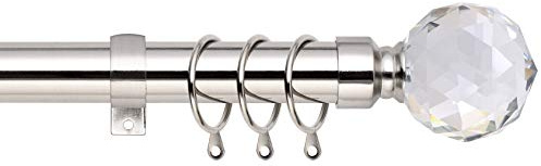 Crystal Ball Extendable Curtain Pole. Includes Pair Of Superior 60mm Size Finials, Rings, Brackets & Fittings Set. (Brushed Chrome, 70cm - 120cm, 28 inch to 48 Inch)