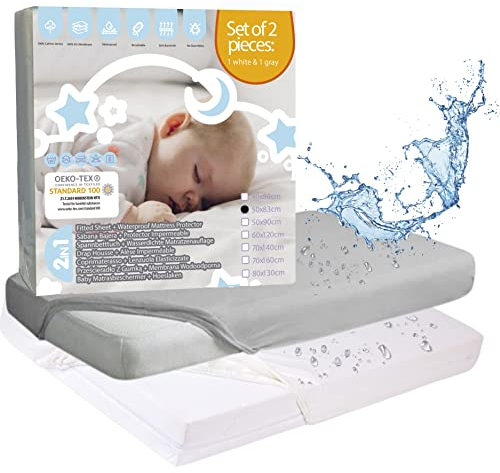 Bisoo Spannbettlaken Beistellbett wasserdichte 50x80 / 50x83 - Spannbettlaken Matratzenschoner 100% Baumwolljersey Öko-Tex - Kompatibel Chicco Next2me Kinderkraft Maxi Cosi - 2 Stück Set Weiß + Grau