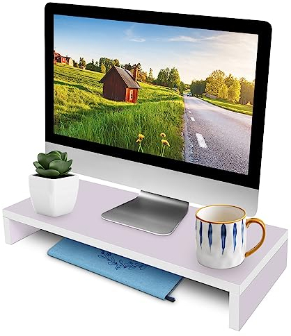 Greensen Monitor Stand Wooden Monitor Stand Ergonomic Monitor Raiser Monitor Desk Organiser for Monitor Laptop, Purple White