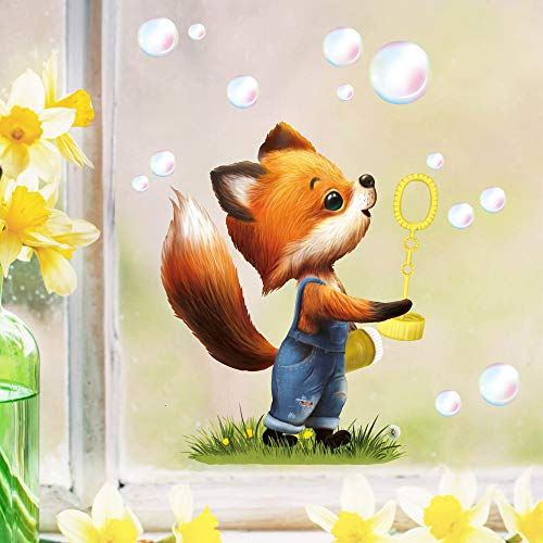 Wandtattoo Loft Fensterbilder Frühling Fuchs & Luftblasen Motiv – A3 Bogen, Wiederverwendbar – Frühlingsdeko Fenster, Frühlingsbild Fenster, Fensterdeko Frühling, Fensterfolie Frühling Selbstklebend