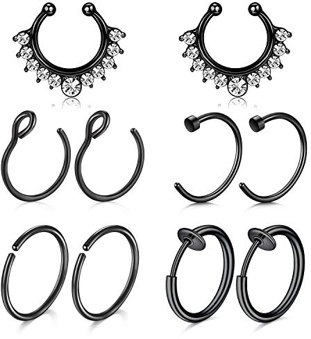 Mayhoop 10Stk Fake Piercings Fake Nasenring Septum Edelstahl Schwarz Fake Piercings Nase Fake Septum Piercing Face Piercing Nase Septum Lippe Ohr Ring Hoop für Männer Damen