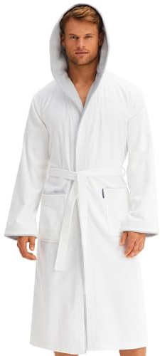 Morgenstern Peignoir de Bain Homme Coton avec Capuche Taille M Bleu 2 Poches et Ceinture Doux, Absorbant et Confort,M,Blanc