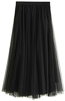 Damen Rock Sommer Langer Tüllrock A-Linie Faltenrock 83cm Länge Knöchellang Hoher Bund Schick Maxirock Elastisch Taille, Schwarz