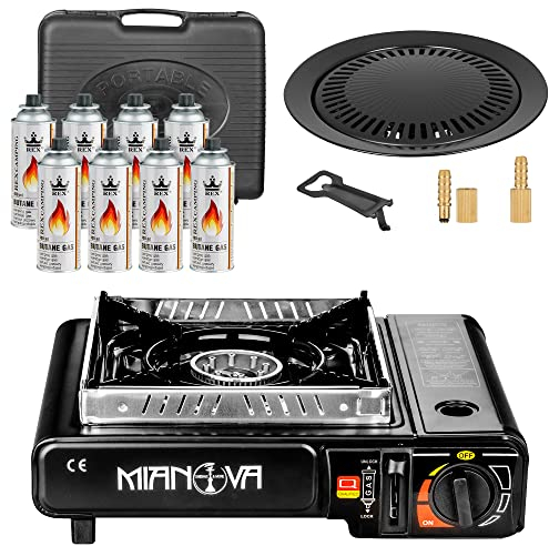Mianova Campingkocher Outdoor Gaskocher Shisha BBQ Anzünder Grill Notfallkocher Gaskartuschen Gas Kocher Herd Set Grillplatte 8 Gasflaschen