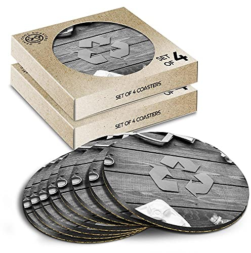 8 x Eco Boxed Cork Coasters - BW - Eco Recycling Symbol Sign Bins Drink Cup Mug Glass Table Mat #42828