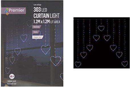 Premier Rainbow LED Heart Curtain Lights Festive Christmas Window Net Lights 1.2M x 1.2M Lit Area