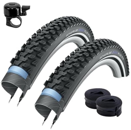 2 x Schwalbe Marathon Plus MTB Unplattbar Reifen mit Reflex 57-584 (27,5 x 2.25) + 2 Schwalbe Schläuche DV19 inkl.Fahrradklingel