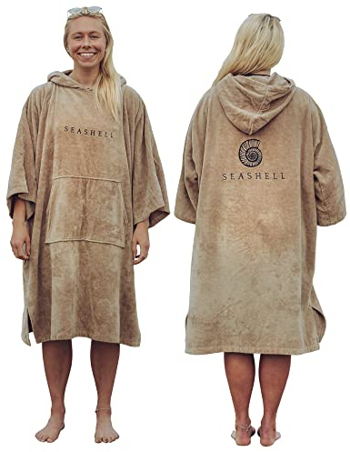 SEASHELL Adult Towelling Changing Robe – Hooded Poncho Towel in Organic Cotton (340gsm) – Quick-Dry, Super Absorbent, Mid Sleeve – For Swimming, Surfing, Beach, Wild Swimming, Water Sports