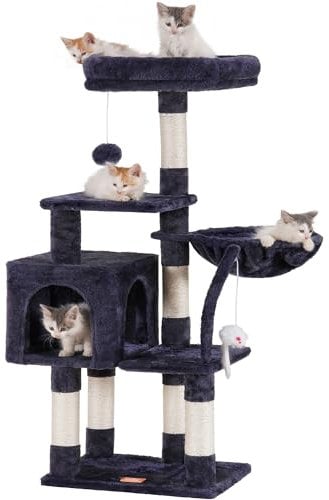 Heybly Cat Tree with Toy, Cat Tower Condo for Indoor Cats, Cat House with Padded Plush Perch, Cozy Hammock and Sisal Scratching Posts, Smoky Gray HCT004SG