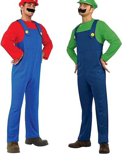 Super Brothers Cosplay Kostüme für Erwachsene Kinder, Halloween Carnival Cosplay Kostüm, Cosplay Kostüm mit Hut und Schnurrbart für Herren Damen Jungen Mädchen, Herren Rot, M