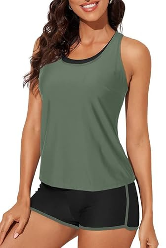 Bsubseach Racerback Tankini Swimsuits for Women 3 Piece Swimming Costume Women Colorblock Swimwear Green 2XL