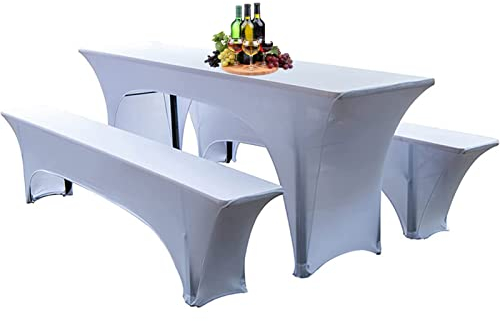 Elastische Hussen Für Bierzeltgarnitur Biertischhussen Bierbank-Auflage & Tischdecke 50 cm Oder 70 cm Tischbreite, 3 TLG Set Stretch Hussen Für Festzeltgarnituren Bierbank (50cm,White)