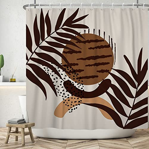 Ttincceer 183x198cm Aquarell Palmblatt Duschvorhang Abstrakt Tropisch Pflanze Braun Sonne Badezimmer Vorhang Mid Century Badezimmer Art Deco Vorhang Wasserdicht Badewanne Vorhang