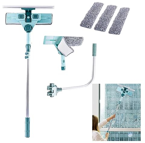 Hooha 2-in-1 Fensterwischer Fensterputzer mit 3 Mikrofasertüchern 180°Drehung Reinigungskopf, U-Bügel Stange & Alu Teleskopstiel 69-145CM für Glas/Fenster/Baño/Boden/Auto
