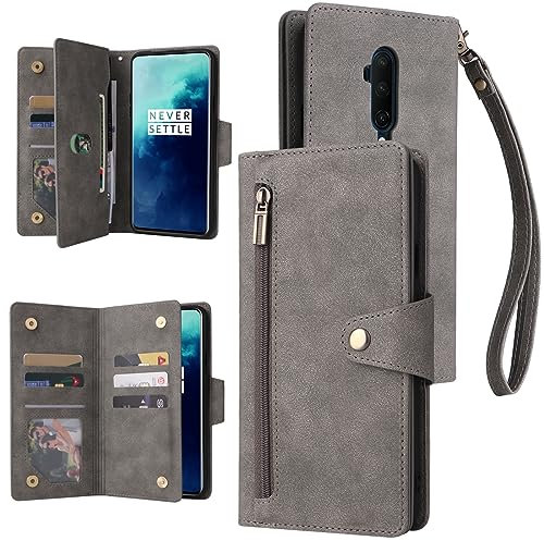XFDSFDL® Schutzhülle für OnePlus 7T Pro (6,67 Zoll) PU Lederhülle Flip Cover Retro Stil mit Ständer Mehr Kartenfächern Reißverschluss Brieftasche Hülle Grau