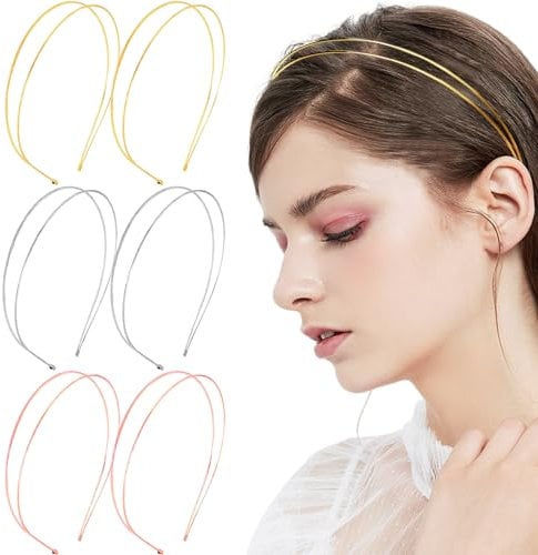 6 Pcs Row Alice Band, Metal Thin Headbands, Silver & Gold & Rose, Gold Fine Headband Head Bands for Women Girls Party Wedding (Double Row)