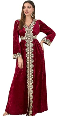 V-Ausschnitt-Kleid Für Damen 2024 Frühling Goldenes Fleece-Langarmkleid Mit Gürtel Türkische Abaya Red XL