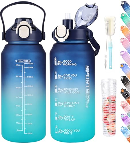 AOPREL Trinkflasche 2l, Wasserflasche mit Strohhalm & Früchtebehälter, Trinkflasche Sport Kohlensäure Geeignet, BPA Frei Auslaufsicher Sportflasche mit Zeitmarkierung für Fitness, Yoga und Outdoor