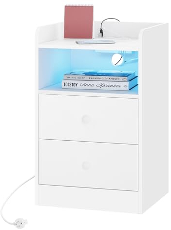 WOLTU Mesita de Noche con Estación de Carga y Luz LED, Mesa Auxiliar con Enchufes, Puertos USB, Mesa Noche de Madera con Cajones, 40x35x64 cm, para Dormitorio, Blanca, NTS07ws