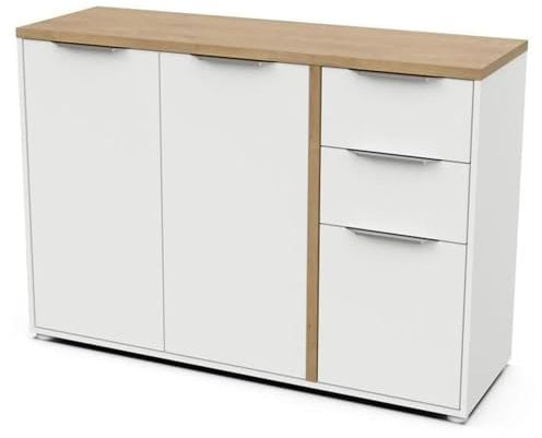 Demeyere Buffet Moderne 3 Portes & 2 Tiroirs – Style Scandinave – Coloris Blanc Mat & Chêne Hamilton - 121,5 x 39,6 x 85,6 cm
