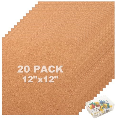 YAYODS 20PCS Cork Boards 30 x 30 cm, 4mm Thick Square Tiles for Walls With 60 Push Pins, for Office, Home, School