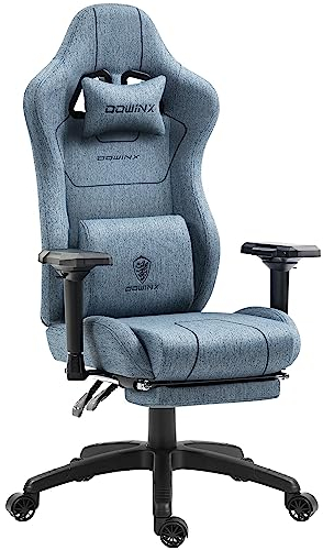 Dowinx Stoff Gaming Stuh mit Taschenfederkissen, Ergonomischer Gaming Sessel mit Massagefunktion, PC Bürostuhl Groß und Hoch mit Fußstützen, Blau
