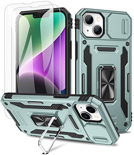 Doeshine Hülle für iPhone 14 & iPhone 13, Handyhülle mit 2 Stück Displayschutzfolie & Kameraschutz, 360° Rotate Metal Ring Ständer, Robust Militär Schutzhülle für iPhone 14 & iPhone 13(Grün)
