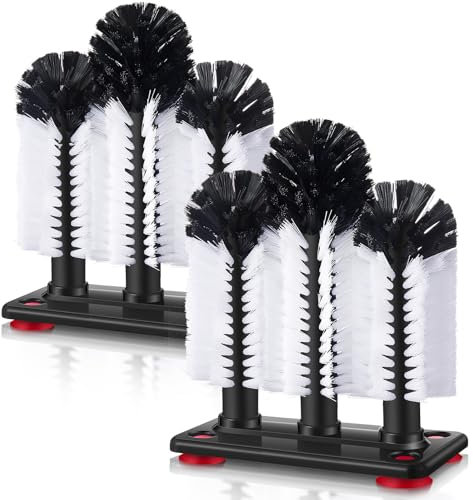 Havawish 2 Pack Water Bottle Cleaning Brush with Suction Base, 3 Head Bristle Bar Glass Washer for Sink, Cup Washer Brush Cleaner for Bar Beer Cup, Wine Glass, Long Leg Cup Kitchen Tools