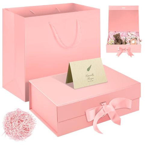 Rosa Magnetische Geschenkbox 32,5x23x10,5cm mit Geschenkbeutel, Schleife, Raffia & Grußkarte – Große Geschenkverpackung für Hochzeit, Geburtstag, Muttertag & Party