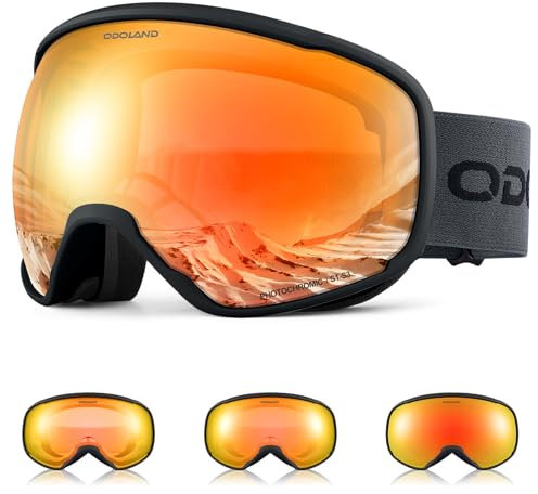 Odoland Skibrille Photochrome für sonnige und bewölkte Tage, Anti-Nebel Snowboard Brille Ski Goggles UV-Schutz für Herren Damen Selbsttönend Schneebrille Orange