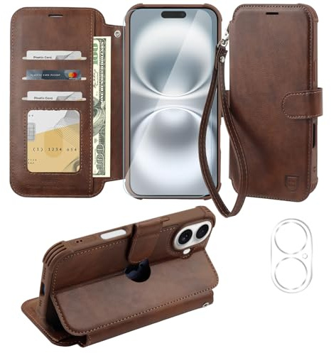 VANAVAGY Wallet Case for iPhone 16-6.1 Inch,Brown | PU Leather Flip Folio,Slim,12ft Drop Protection,RFID Blocking Card Holder,Kickstand,Wrist Strap,Includes Screen Protector