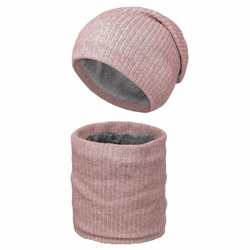 ehsbuy Wintermütze und Loop Schal Set Herren Warme Strickmützen Schlauchschal Warmer Gestrickter Kreis Schal mit Thermo Dicke Fleece Futter Geschenke für Herren Damen