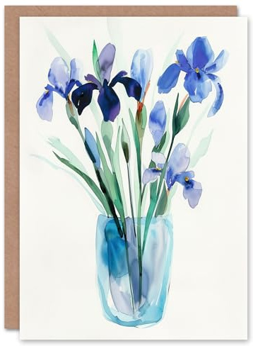 Greeting Card Blue Iris Flower Bouquet Vase Floral Watercolour For Her Woman Birthday Card