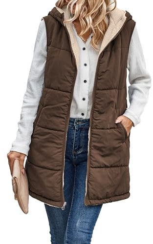 Famulily Long Gilet for Women UK Teddy Sleeveless Hooded Coat Quilted Thick Body Warmer Zip Up Reversible Vest Coffee L