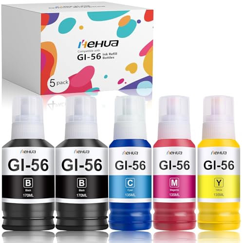 hehua GI-56 GI56 Tinte Kompatibel Ersatz für Canon Tintenpatrone GI-56 GI56 Multipack Passend für Canon MAXIFY GX3050 GX4050 GX5050 GX6050 GX7050 (Schwarz/Cyan/Magenta/Gelb, 5 Pack)