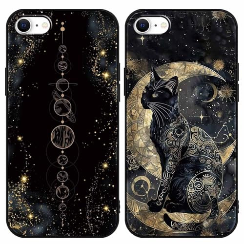 Yimctoie 2 Stück Handyhülle für iPhone 7/8/SE 2020/SE 2022 4,7,Aesthetic Gold Mond Cat Tarotkarten Muster Hülle,Kreativität Ästhetik Schwarze Katze Case,Schutzhülle Silikon Bumper Stoßfeste Cover