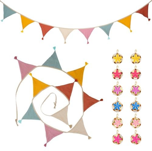 Bunt Wimpelkette Kinderzimmer aus Musselin Baumwolle Stoff, Leinenimitat mit 12 Bunte Glocken, Mehrfarbig Dreieck Flaggen, Outdoor Wetterfest für Hausbett Wanddeko