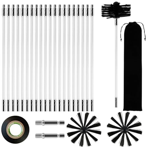 Juego de 26 cepillos de chimenea, cepillo de chimenea de 200 mm, cepillo de limpieza para tubo de chimenea, con 20 barras flexibles de 410 mm, 2 cabezales de cepillo, 2 conectores de taladro y