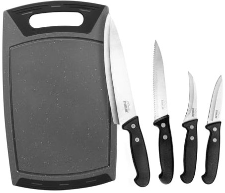 STONELINE 5-teiliges Set aus Schneidebrett 36x22 cm und 4 Edelstahl Messer, Schneidunterlage mit Saftrille Rutschfest Bruchsicher Spülmaschinenfest, Kochmesser Allzweckmesser Schälmesser Küchenmesser