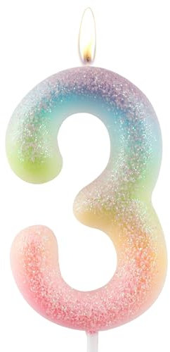Zolunu Glitter Colorful 3rd Birthday Candle, Birthday Number 3 Candle Cake Toppers for Girl Women, Glitter Colorful Themed Party Decorations Supplies Birthday Gifts