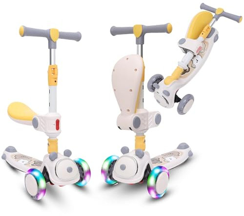 Habib Gruppe Kinderroller Tretroller - 3-in-1 Faltbarer Scooter mit Sitz, LED Rädern, Verstellbar & Leicht (1-12 Jahre) - Sicher & Robust - Grau