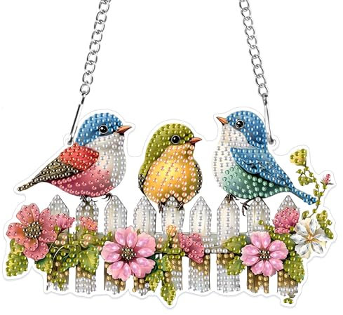 MXJSUA 5D Diamond Painting Anhänger, Drei niedliche Vögel Diamond Painting mit Kette Erwachsene, Diamant Painting Fensterbilder, Hängende Ornament Bastelset Set für Wand Und Eingang Decor