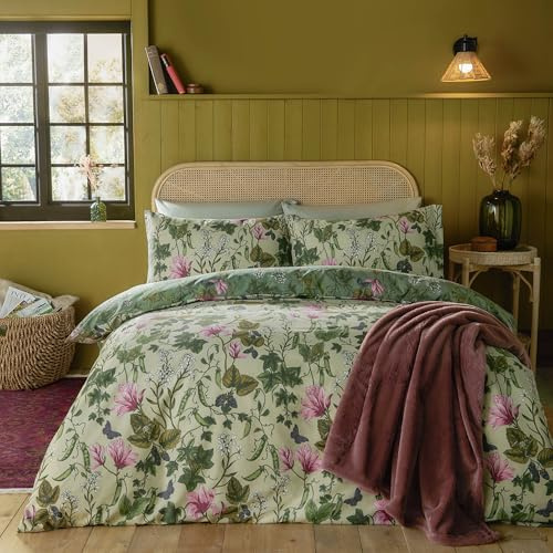 furn. Mystic Berry Bettbezug Set – Wendbares Botanisches Blumen Und Fruchtdesign (Grün – Einzelbett – 137x200cm)