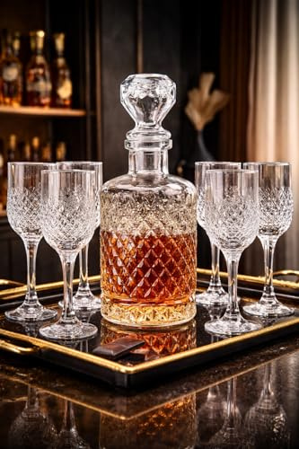 Juego de 7 vasos de whisky de cristal – Elegante jarra de 1250 ml con tapa de cristal y 6 vasos a juego – Timeless Special Series – Juego de decantador para whisky, licor y agua