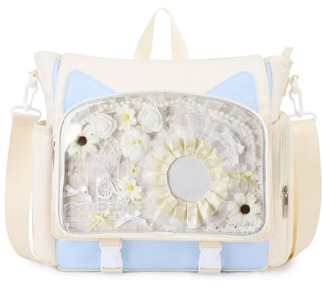 TINYAT Ita Bag Rucksack für Schule, Kawaii, Pin-Display-Tasche, ästhetischer Katzenrucksack, Anime, Cosplay, Crossbody, Kuriertasche, Mädchen, Frauen, Studenten, Weiß Blau/107472