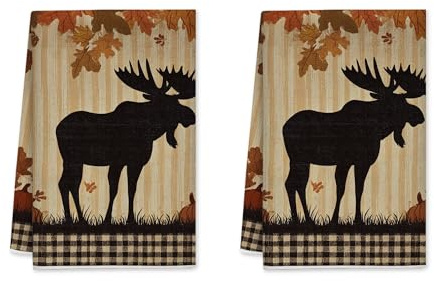 Küchenhandtücher, Motiv: Herbst-Elch, rustikale Bauernhaus-Blätter, Streifen, braun, zum Trocknen, Handtücher, Heimdekoration, 40,6 x 61 cm, 2 Stück