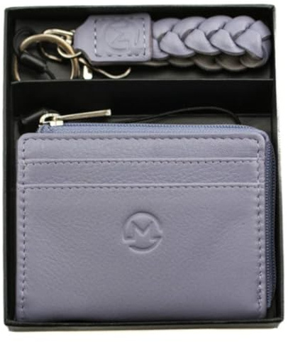 Mala Leather Ladies Gift Set – Genuine Leather Coin Purse with 4 Card Slots & Matching Keyring in Gift Box – Elegant Gift for Her – Black, Blue, Grey, Pink or Purple – 13 × 11 × 2.5 cm (Purple)
