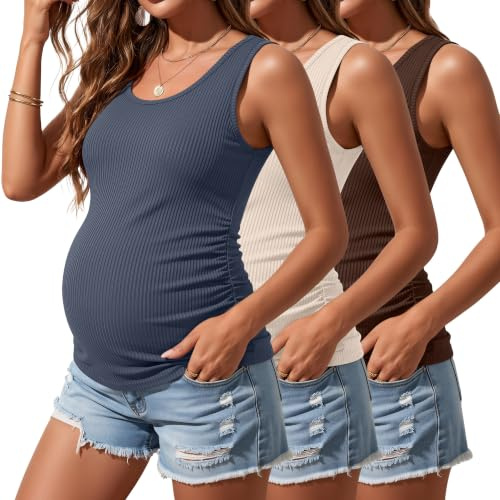 Riyiper Confezione da 3 Canotte Premaman da Donna, Senza Maniche, in Cotone, con Lati in Maglia a Coste e Arricciate